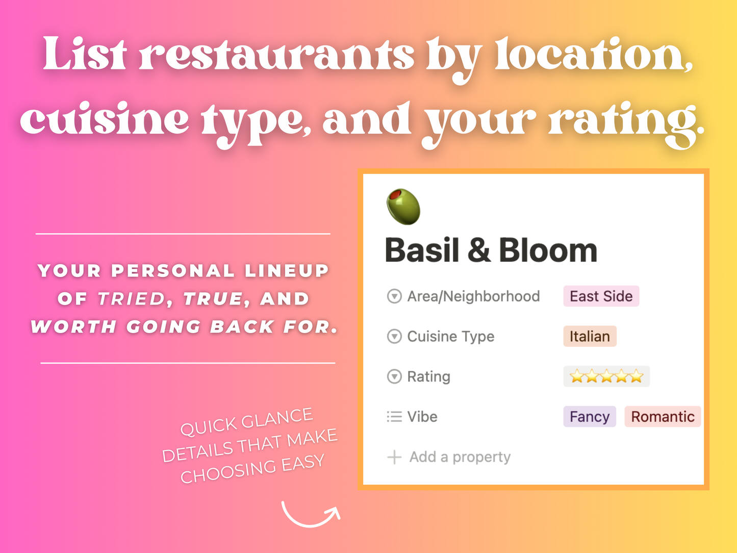 Favorite Restaurant Tracker- Notion Template | Organize Your Favorite Places to Eat