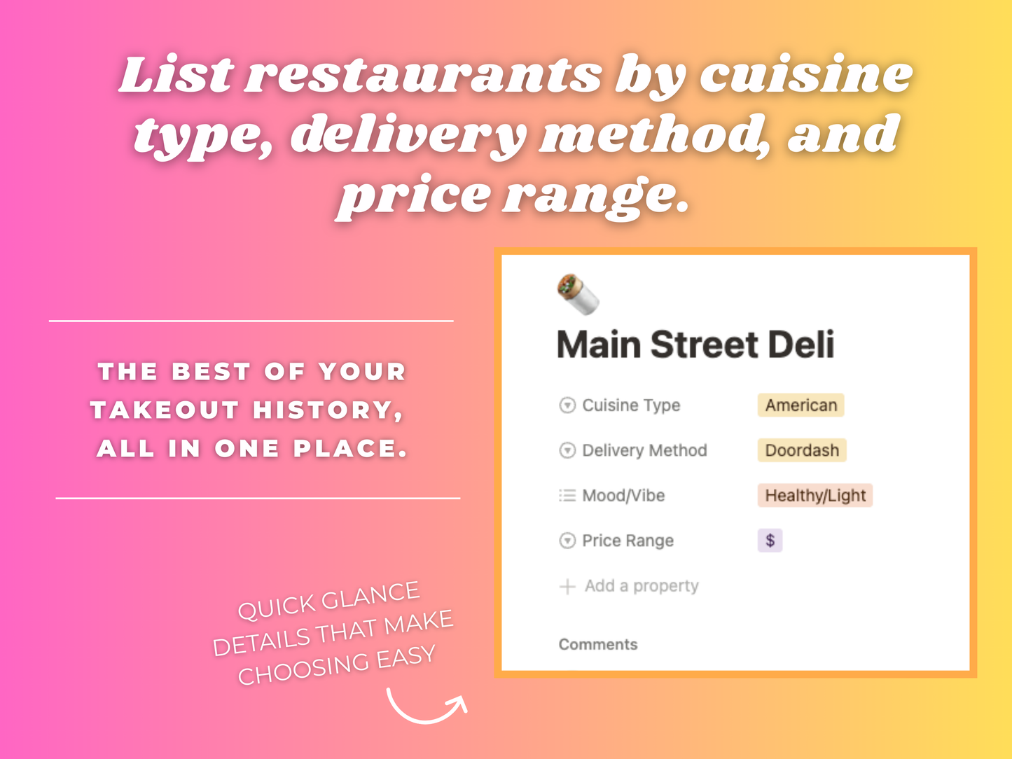Favorite Takeout Tracker- Notion Template | Organize Your Go-To Takeout Orders