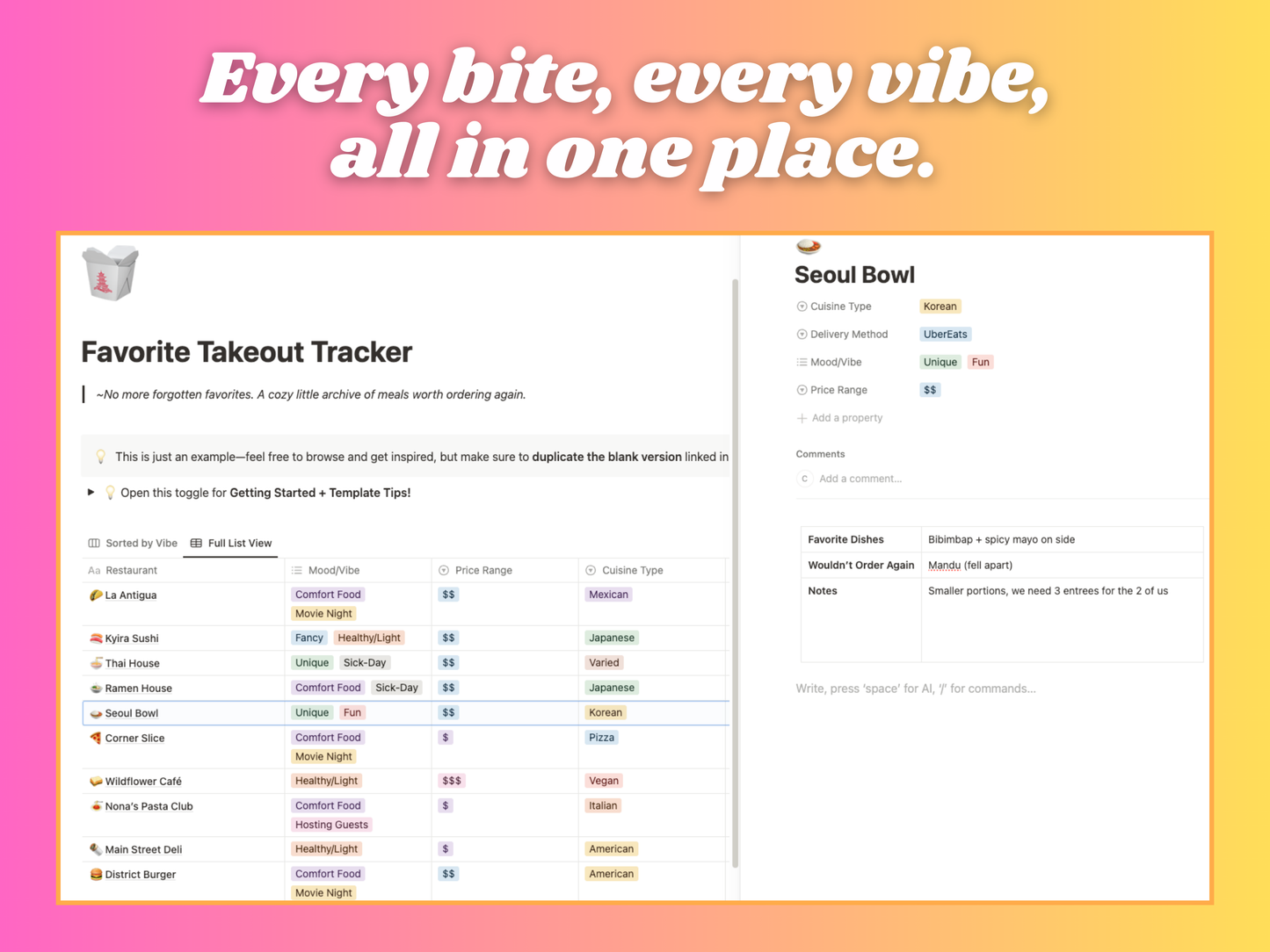 Favorite Takeout Tracker- Notion Template | Organize Your Go-To Takeout Orders
